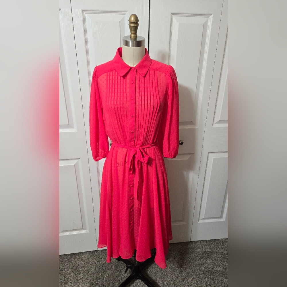 Pink Semi Sheer Long Sleeve Belted Dress, Size 6, Excellent Condition